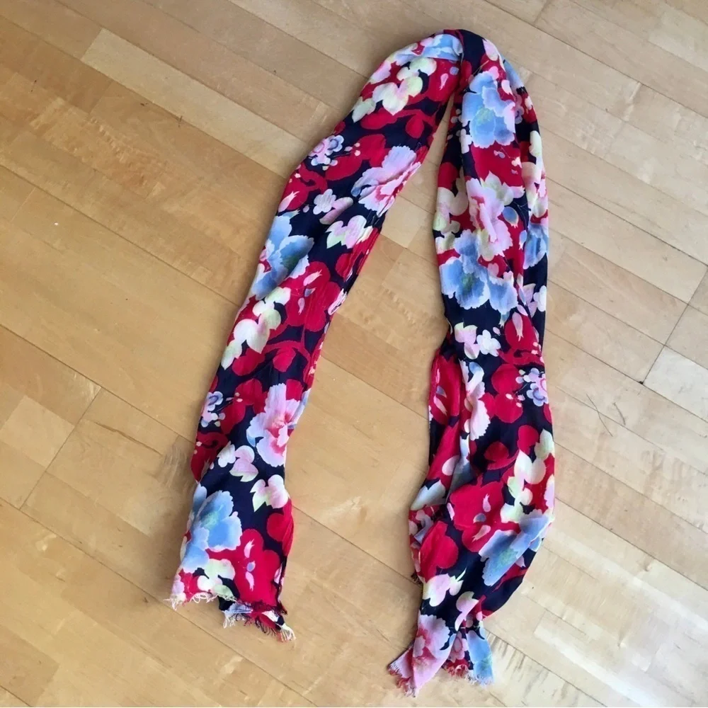 Floral, Lightweight Fringe Scarf, Navy Blue, Light Blue, Red, Pink, Yellow